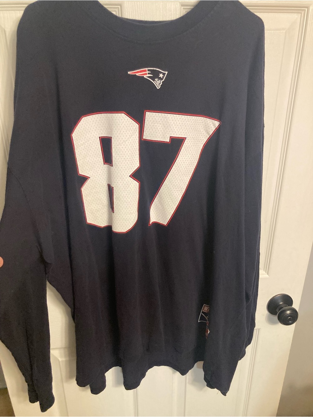 Majestic Navy Patriots Heavyweight Long Sleeve Tee with White 87 and Red Trim
